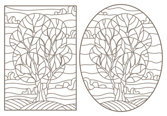 Set contour illustrations of stained glass with the images of the trees, dark outlines on a white background
