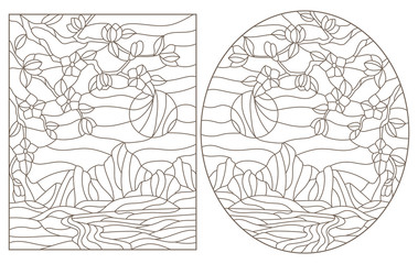 A set of contour illustrations of stained glass Windows with landscapes, flowering branches against the background of mountains and sky, dark outlines on a white background