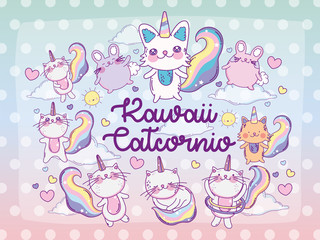 Kawaii caticorns and rabbits cartoons vector design