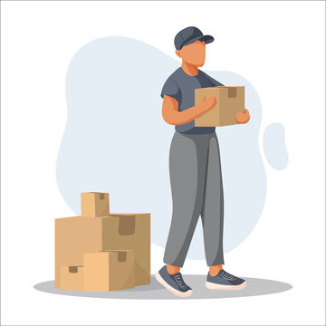 Young courier delivers parcels box to customer. Concept for online shop or e-shop. Vector illustration.