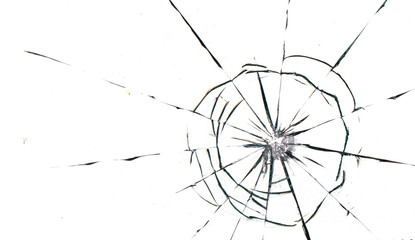 Holes from balls in glass on a white background