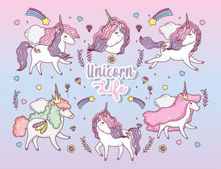 unicorns cartoons set vector design