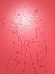  glowing color on a red pattern. silhouette of a horny woman and a horse. Caucasus.