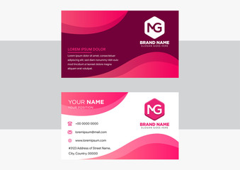 horizontal layout of business card with dark pink and white background. Transparency of Pink gradient curve shape as element design.