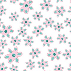 Seamless pattern with hand drawn doodle flowers. Floral vector background.
