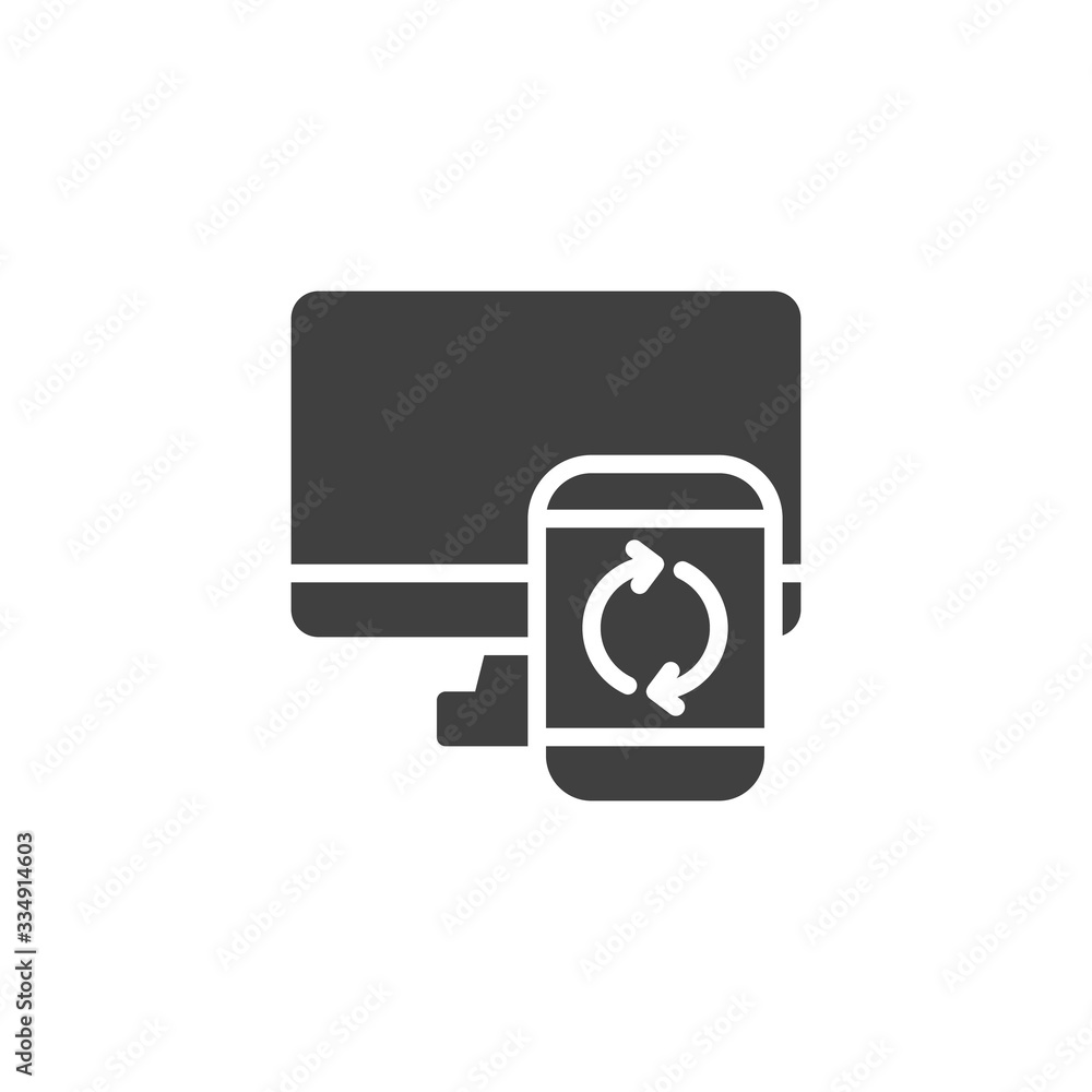 Poster synchronize devices, computer and smartphone vector icon. filled flat sign for mobile concept and we