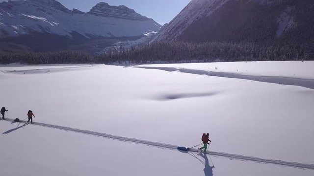 Expedition skiers with pulk sleds traverse flat meadow on sunny day