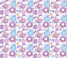 Kawaii rabbits monsters and donuts cartoons background vector design