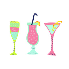 Set of hand drawn cocktails. Bar, summer, party, menu. Flat vector illustration.