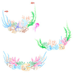 Watercolor set of semicircular frames from the elements of the underwater world: coral, algae, fish. Great for designing cards, invitations, logos, websites, textiles, souvenirs and much more.