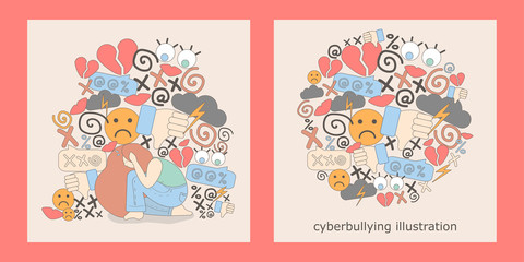 Fototapeta na wymiar two illustrations with cyberbullying. online pressure. Posting sexual remarks, or pejorative labels. woman is under pressure from profanity and sexual harassment.