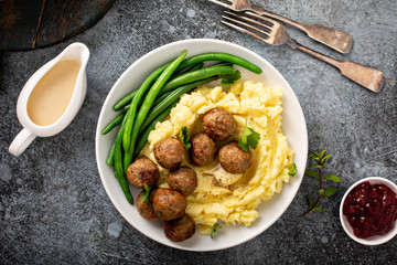 Swedish meatballs with mashed potatoes, gravy and lingonberry jam