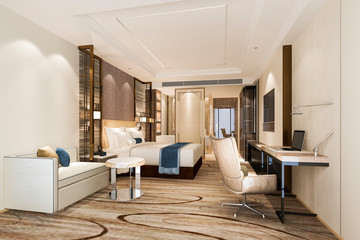 3d rendering beautiful luxury bedroom suite in hotel with tv and working table
