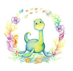 Cute dinosaur, surrounded by coral fish and shells. Watercolor frame, on an isolated background, with a prehistoric animal. Children's clip art, for greeting cards.
