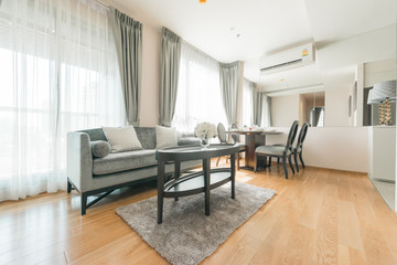 Modern living room and kitchen in small apartment 