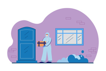 Safe contactless delivery of goods to the buyer. A masked courier and protective suit delivered a parcel box.