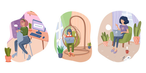 Fototapeta premium Women freelancers working from home or taking online classes. Stay home in quarantine. Concept illustration. Flat vector.