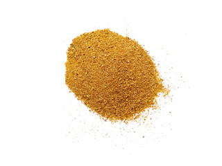 Wood sawdust on white background. Pile of wood shavings and wood powder isolated on white...