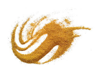 Wood sawdust on white background. Pile of wood shavings and wood powder isolated on white...