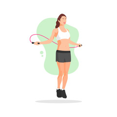 Cute and beautiful smiling woman skipping. Jumping rope. Sport icon. Healthy lifestyle. Sportswear concept. Slim body. Athletic girl. Female athlete - Simple flat vector character illustration.