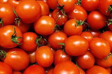 Many raw fresh red tomatoes in the market counter. Vegetables background texture. Advertisement backdrop
