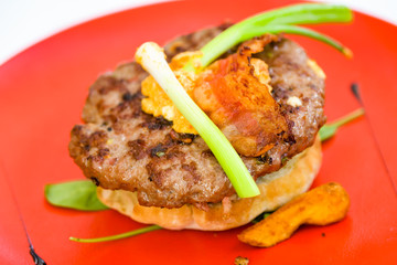 Pljeskavica, serbian style burger sandwich