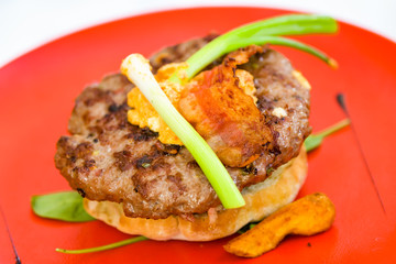 Pljeskavica, serbian style burger sandwich