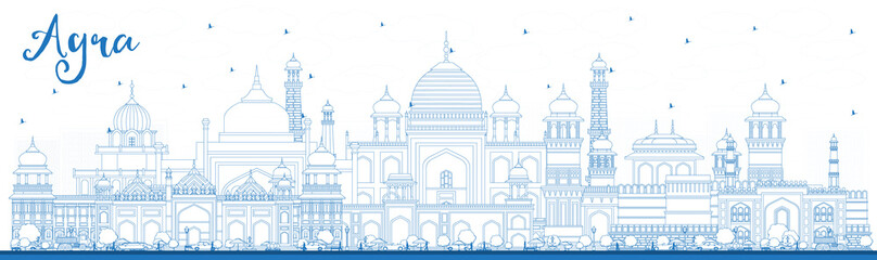 Outline Agra India City Skyline with Blue Buildings.
