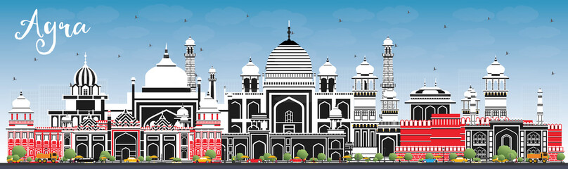 Agra India City Skyline with Color Buildings and Blue Sky.