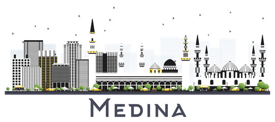 Medina Saudi Arabia City Skyline with Gray Buildings Isolated on White.