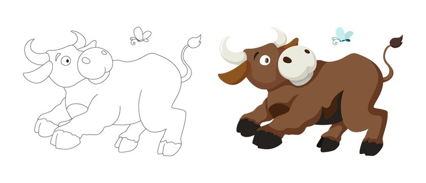 Vector cartoon style illustration of bull farm animal coloring book page