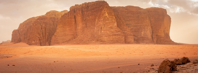 Panorama of Khazali’s mountain in the desert of Wadi Rum, Jordan