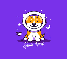A little dog, logo with text Space legend. Funny corgi cartoon character, logotype, badge, sticker, emblem on purple background isolated. Vector illustration, flat, line art style, creative design