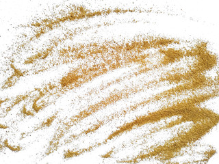 Wood sawdust on white background. Pile of wood shavings and wood powder isolated on white...
