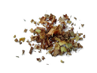 Wood sawdust on white background. Pile of wood shavings and wood powder isolated on white background.