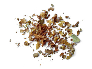 Wood sawdust on white background. Pile of wood shavings and wood powder isolated on white...