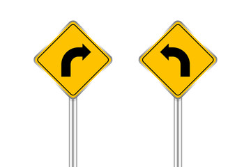 road sign of arrow pointing bend to left and right, traffic road sign yellow isolated on white, traffic sign turn left and right, warning caution sign and steel pole for direction signpost the way