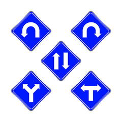 road signs blue set, traffic road sign blue isolated on white, signpost caution for direction, road sign and white arrow pointing