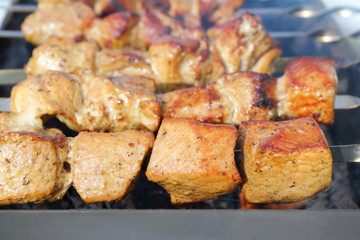 The cooking pieces of meat on a hot charcoal. 