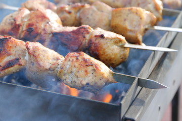 The cooking pieces of meat on a hot charcoal. 