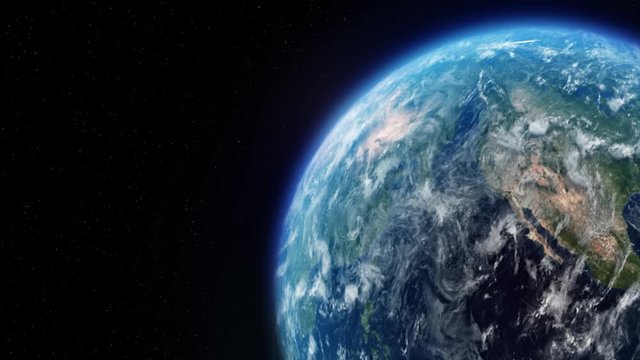 Planet Earth slowly rotating from Space Stars Twinkle. by Volumetric Moving cloudy day views 4K Loop Animation. Space, Planet, Galaxy, Stars, Cosmos, Sea, Earth, Sunset, Globe, Clouds, NASA.