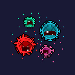 Pixel art cartoon virus character in sad emotion.