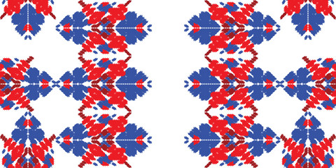 Fototapeta premium Red and blue embroidery ornament. Fashion texture for fabric textile.