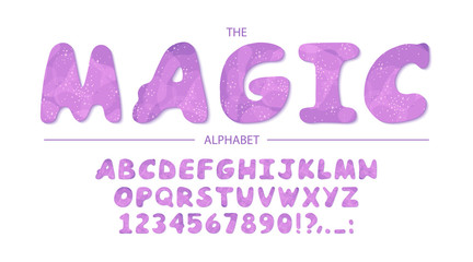 Magic alphabet with shining capital letters and numbers isolated on a white background. Font for festive, holidays, children's room interior design. Vector