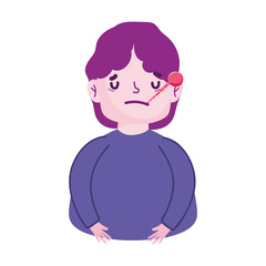 young man cartoon with thermometer covid 19 coronavirus pandemic