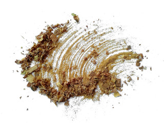 Wood sawdust on white background. Pile of wood shavings and wood powder isolated on white...