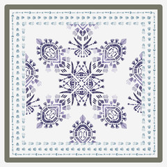 Obraz premium Square scarf ethnic ornate print silk. Shawl ikat embroidery autentic fabric ornament carpet.