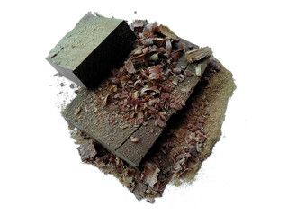 Wood sawdust on white background. Pile of wood shavings and wood powder isolated on white...