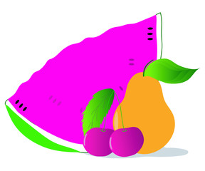 Still life of watermelon, cherry and pear