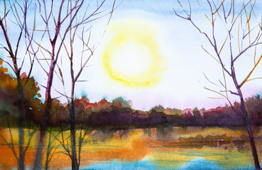 Watercolor illustration of a beautiful summer forest landscape by the lake.Sunset